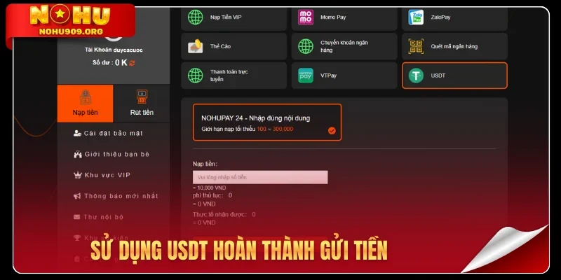 Sử dụng USDT hoàn thành gửi tiền